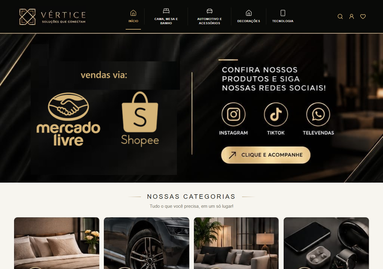 Vértice — loja em preto e dourado, com produtos para casa, automotivo, decoração e tecnologia